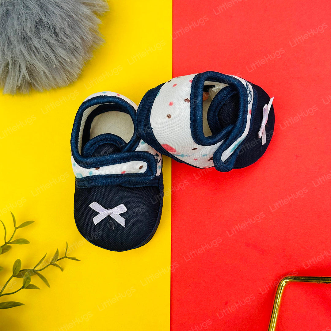Navy Blue Ribbon Soft Fleece Newborn Girls Shoes | GS1001A