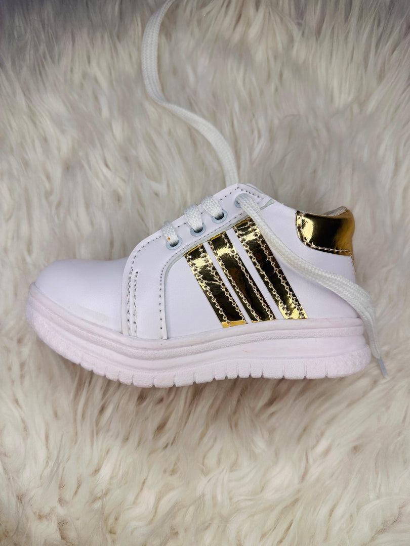 White And Golden Lining Boys And Girls Imported Sneakers | BGS
